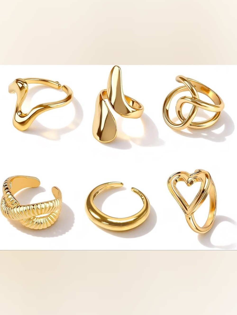 Chunky Gold Rings Open Adjustable Stackable Rings Set 6pcs - Picture 2 of 4